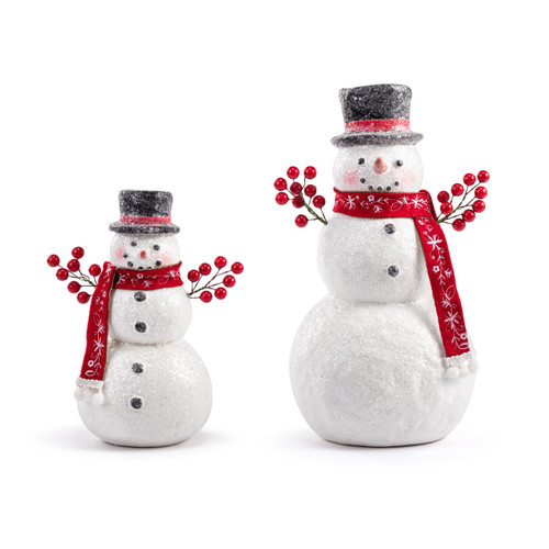 A set of two snowman figurines in different sizes. Each is wearing a red scarf, black top hat and has red berry twigs for arms.