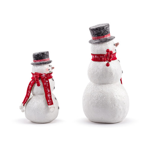 Right profile view of a set of two snowman figurines in different sizes. Each is wearing a red scarf, black top hat and has red berry twigs for arms.