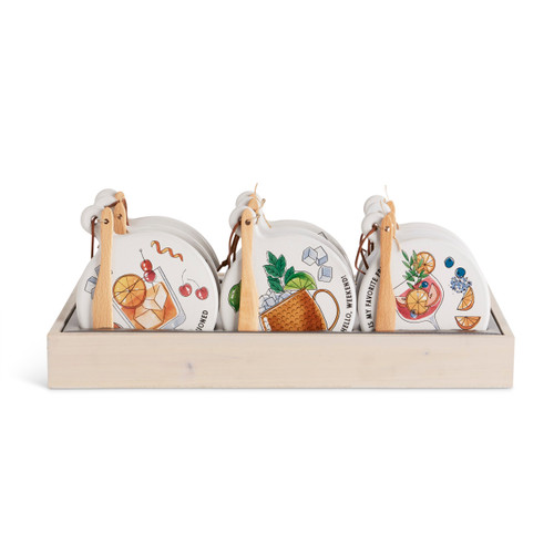 A light wood tray displayer with an assortment of round mini ceramic serving boards with alcoholic drink themes.