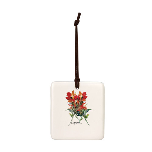 A square cream hanging tile magnet ornament with a watercolor image of an Indian paintbrush.