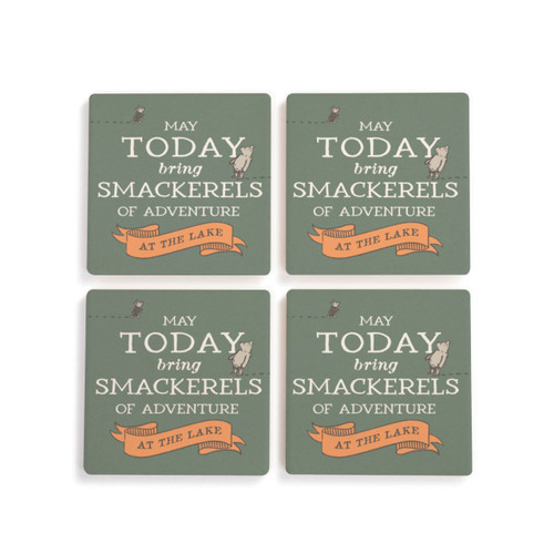 A set of four green square ceramic coasters that say "May Today bring Smackerels of Adventure at the lake", with small images of Pooh and Piglet.