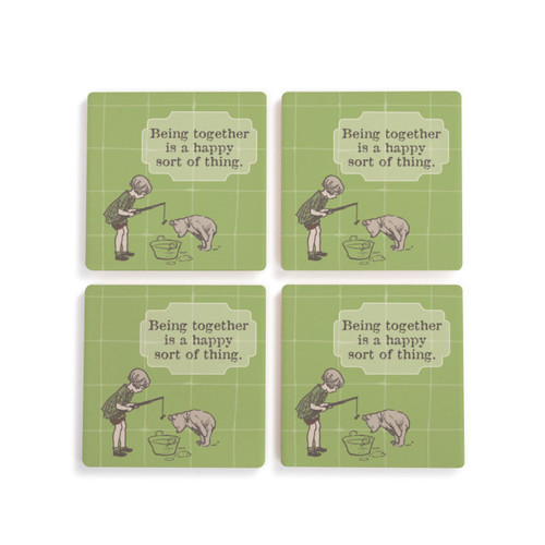A set of four green square ceramic coasters that say "Being together is a happy sort of thing" with an image of Christopher Robin and Pooh fishing in a tub.