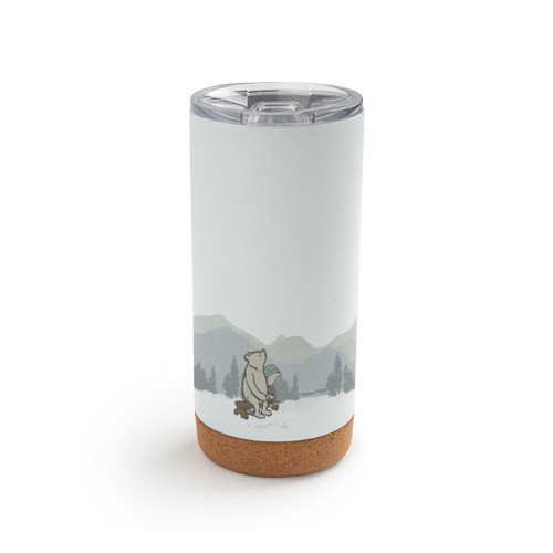 Back view of a white cork bottom tumbler with a clear plastic lid. The tumbler has an image of Pooh and Piglet in front of the mountains and says "A Day In The mountains Keeps The Bother Away.".