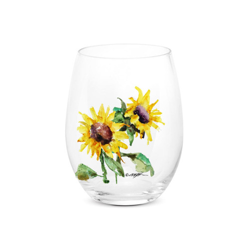 A clear stemless wine glass with a watercolor image of yellow sunflowers.