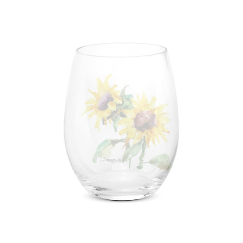 Back view of a clear stemless wine glass with a watercolor image of yellow sunflowers.