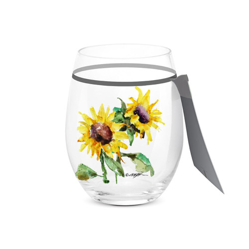 A clear stemless wine glass with a watercolor image of yellow sunflowers, displayed with a product tag attached.