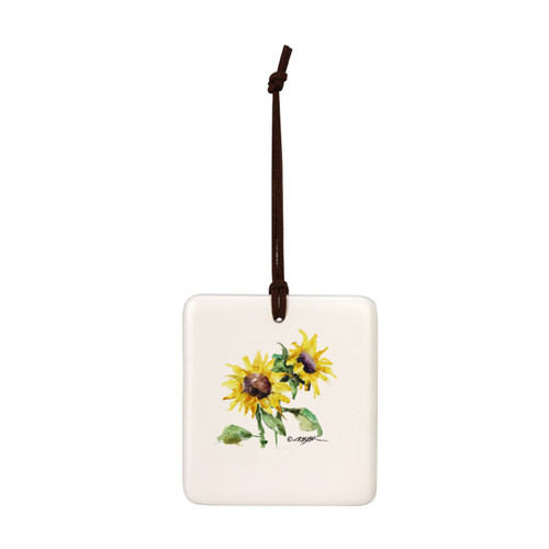 A square cream hanging tile magnet ornament with a watercolor image of yellow sunflowers.
