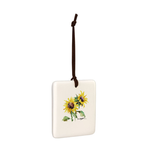 A square cream hanging tile magnet ornament with a watercolor image of yellow sunflowers, displayed angled to the right.