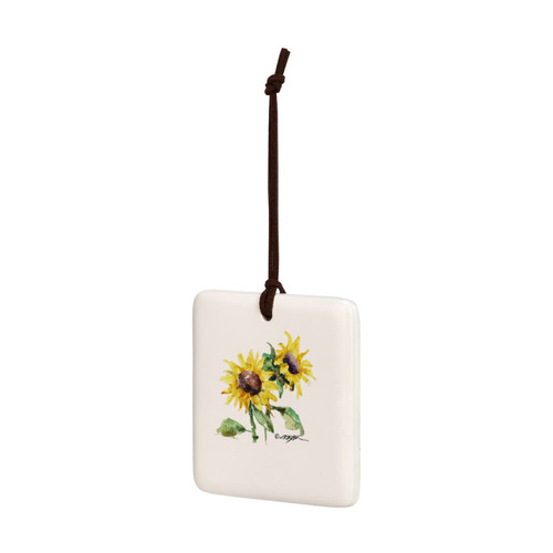 A square cream hanging tile magnet ornament with a watercolor image of yellow sunflowers, displayed angled to the left.