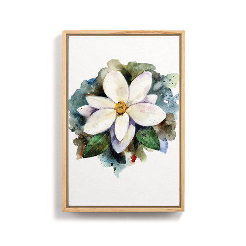 A light wood framed wall art of a watercolor white magnolia flower.