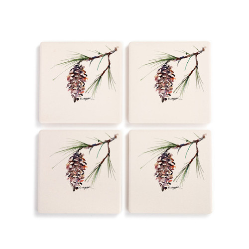 A set of four ceramic square coasters with a watercolor image of a white pine branch.