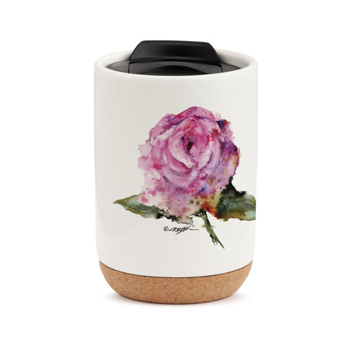 A white travel mug with a cork base, a black lid, and a watercolor image of a pink rose.