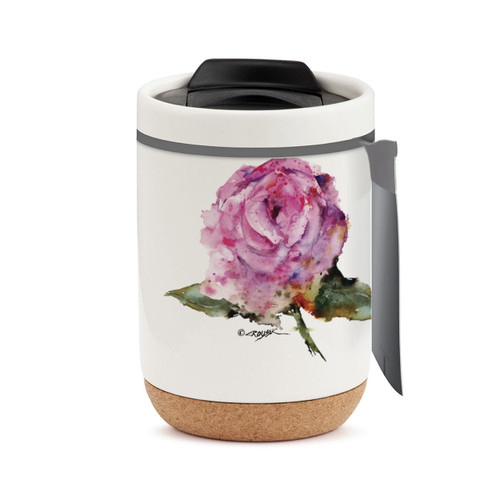 A white travel mug with a cork base, a black lid, and a watercolor image of a pink rose, displayed with a product tag attached.