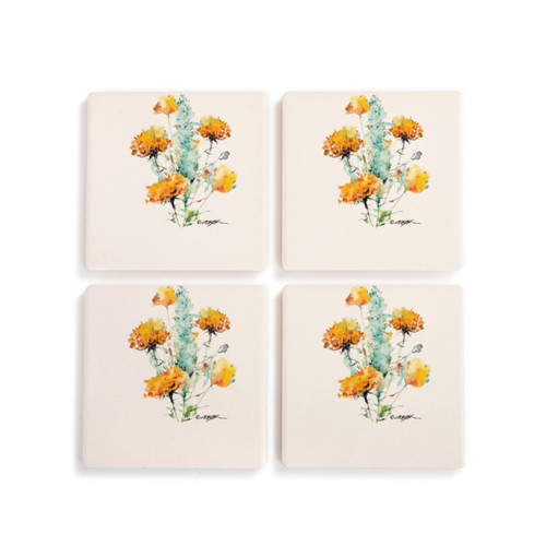 A set of four ceramic square coasters with a watercolor image of a sagebrush.