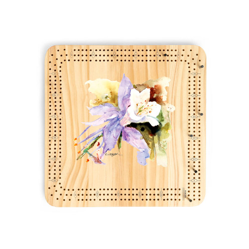 A light wood cribbage board game with the watercolor image of a columbine in the middle.