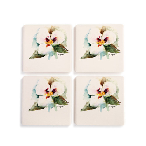 A set of four ceramic square coasters with a watercolor image of a sego lily.