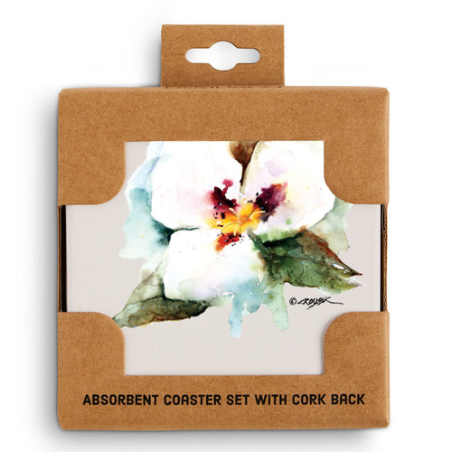 A set of four ceramic square coasters with a watercolor image of a sego lily, displayed in a packaging box.