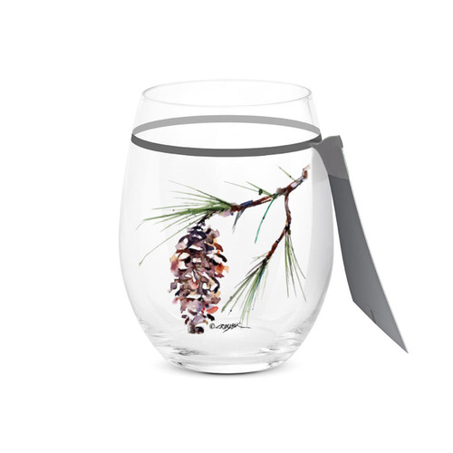 A clear stemless wine glass with a watercolor image of a white pine branch, displayed with a product tag attached.