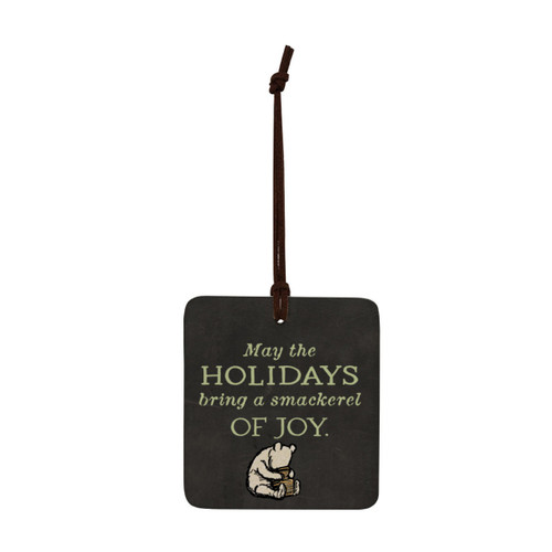 A square black hanging tile magnet ornament that says "May the Holidays bring a smackerel of Joy", with an image of Pooh at the bottom.