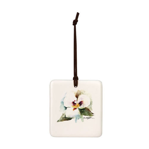 A square cream hanging tile magnet ornament with a watercolor image of a sego lily.