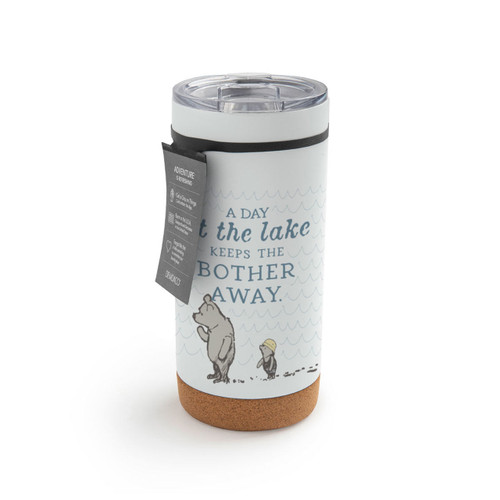 A white cork bottom tumbler with a clear plastic lid. The tumbler has an image of Pooh and Piglet and says "A Day at the lake Keeps The Bother Away", displayed with a product tag attached.