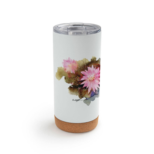 A white cork bottom tumbler with a watercolor image of a bitterroot.