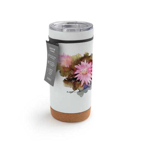 A white cork bottom tumbler with a watercolor image of a bitterroot, displayed with a product tag attached.