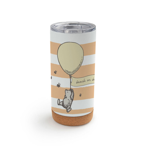 A white and orange striped cork bottom tumbler with a clear plastic lid. There is an image of Pooh floating with a balloon.