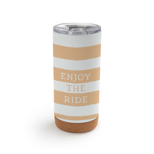 Back view that says "Enjoy The Ride" on a white and orange striped cork bottom tumbler with a clear plastic lid. There is an image of Pooh floating with a balloon.