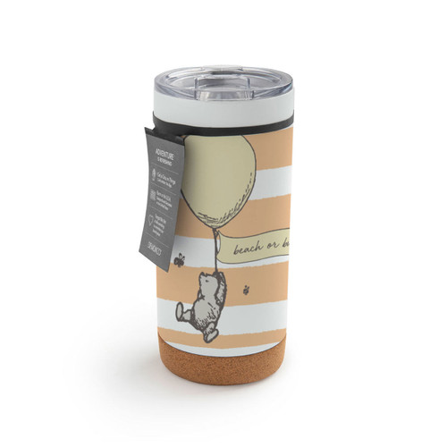 A white and orange striped cork bottom tumbler with a clear plastic lid. There is an image of Pooh floating with a balloon, displayed with a product tag attached.