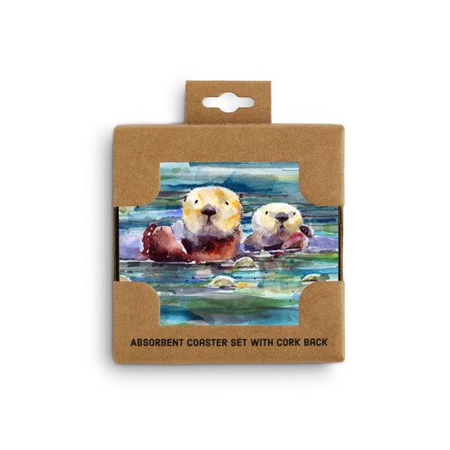 A set of four square ceramic coasters with a watercolor image of two otters in the water, displayed in a packaging box.