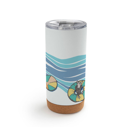 Back view of a white cork bottom tumbler with a clear plastic lid. The tumbler has an image of several Pooh characters floating on inflatables down a blue river.