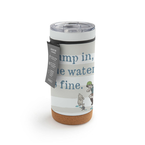 A white and gray striped cork bottom tumbler with a clear plastic lid. There is an image of Pooh and Christopher Robin and it says "Jump in, the water is fine.", displayed with a product tag attached.