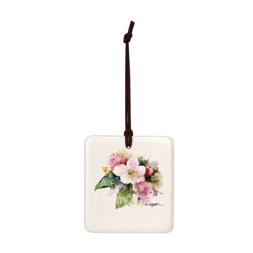 A square cream hanging tile magnet ornament with a watercolor image of an apple blossom.