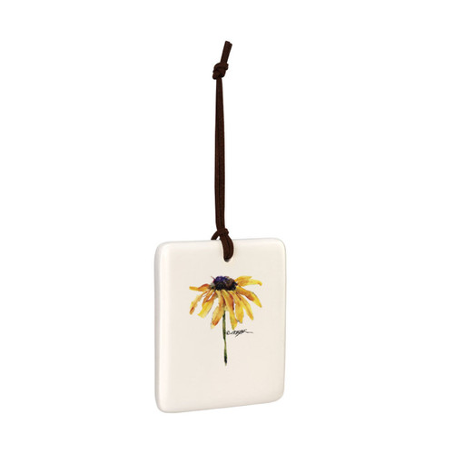A square cream hanging tile magnet ornament with a watercolor image of a black eyed susan, displayed angled to the right.