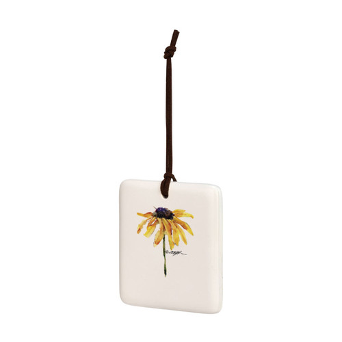 A square cream hanging tile magnet ornament with a watercolor image of a black eyed susan, displayed angled to the left.