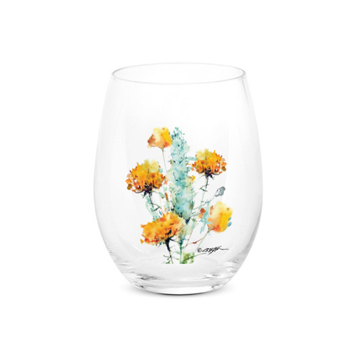 A clear stemless wine glass with a watercolor image of a sagebrush.