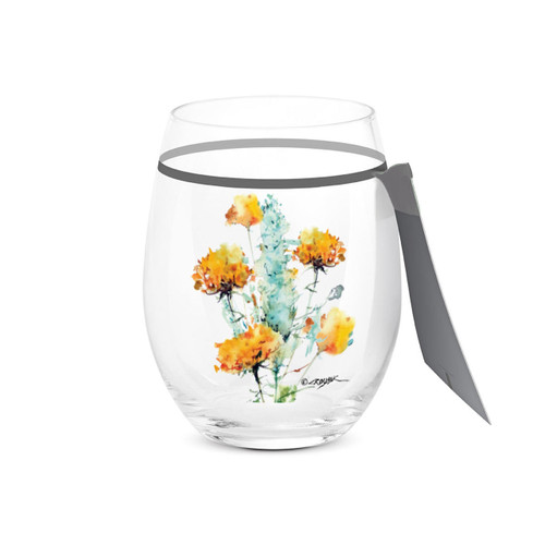 A clear stemless wine glass with a watercolor image of a sagebrush, displayed with a product tag attached.