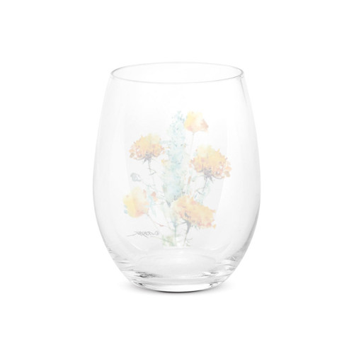 Back view of a clear stemless wine glass with a watercolor image of a sagebrush.