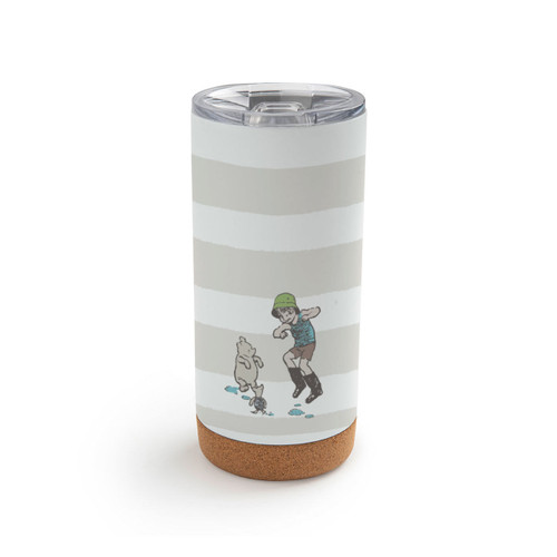 Back view with Pooh characters on a white and gray striped cork bottom tumbler with a clear plastic lid. The tumbler says "Go outside and play."
