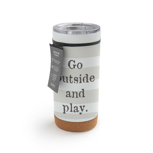 A white and gray striped cork bottom tumbler with a clear plastic lid. The tumbler says "Go outside and play.", displayed with a product tag attached.