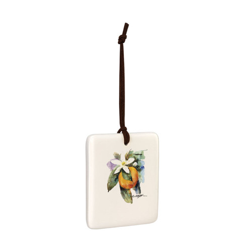 A square cream hanging tile magnet ornament with a watercolor image of an orange blossom, displayed angled to the right.