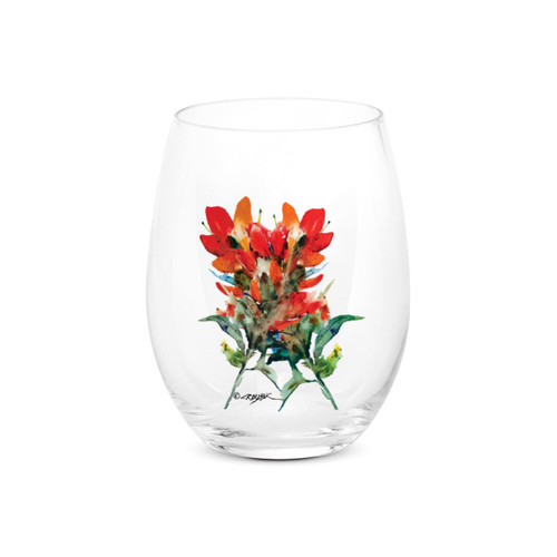 A clear stemless wine glass with a watercolor image of an Indian paintbrush.