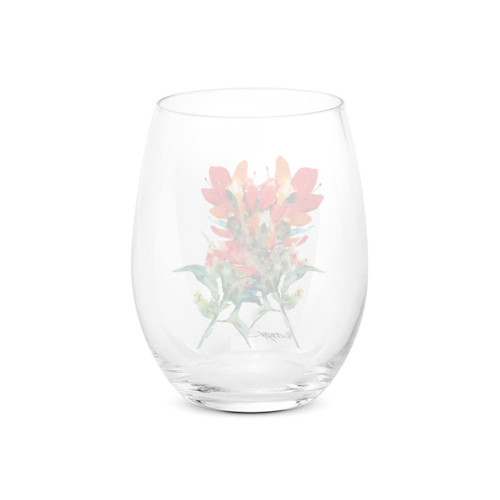 Back view of a clear stemless wine glass with a watercolor image of an Indian paintbrush.