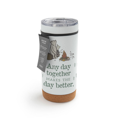 A white cork bottom tumbler with a clear plastic lid. The tumbler has an image of Pooh and Piglet in front of a campfire and says "Any day together Makes The day better", displayed with a product tag attached.