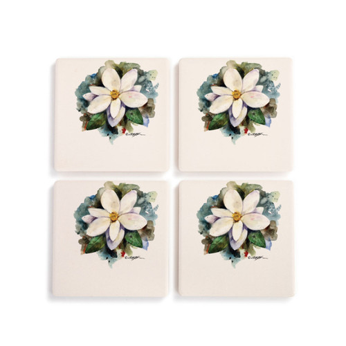 A set of four ceramic square coasters with a watercolor image of a white magnolia.