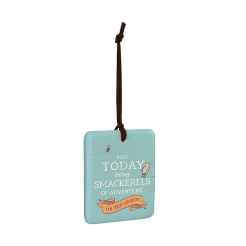 A square light blue hanging tile magnet ornament that says "May Today bring Smackerels of Adventure on the Beach" with an image of Pooh and Piglet, displayed angled to the right.