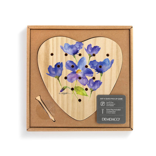 A wood heart shaped peg game with a watercolor image of a violet, displayed in a packaging box.