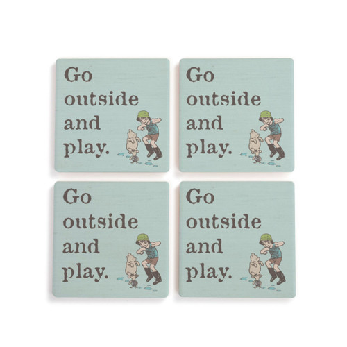 A set of four green square ceramic coasters that say "Go outside and play" with an image of Christopher Robin and Pooh jumping in water puddles.