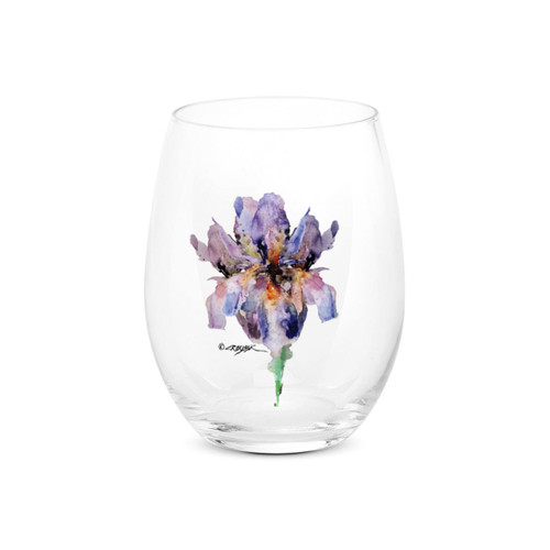 A clear stemless wine glass with a watercolor image of a purple iris.